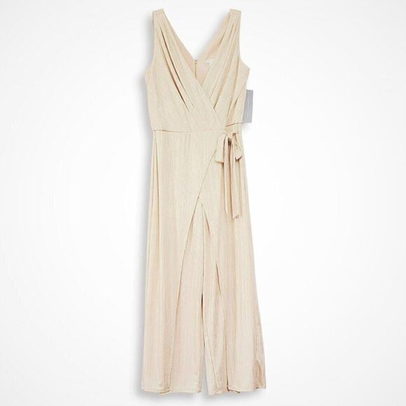 New London Times Women's V-neck Wide Leg High Slits Wrap Stile Metallic Jumpsuit - Picture 6 of 9